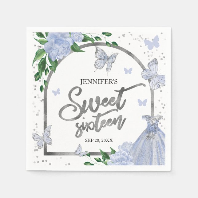 Söt 16 Fjärilar Dusty Blue  Gown Pappersservett (Framsidan)