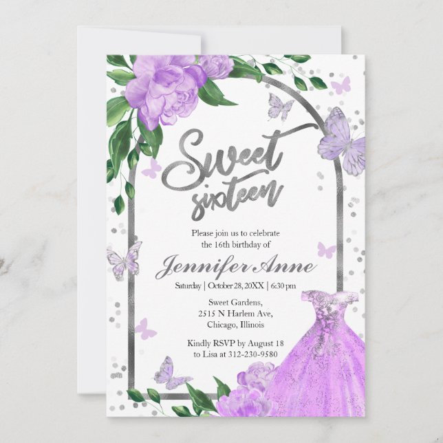Söt 16 Fjärilar Lavender Gown Inbjudningar (Framsida)