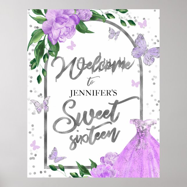 Söt 16 Fjärilar Lavender Gown Välkomstskylt Poster (Framsidan)