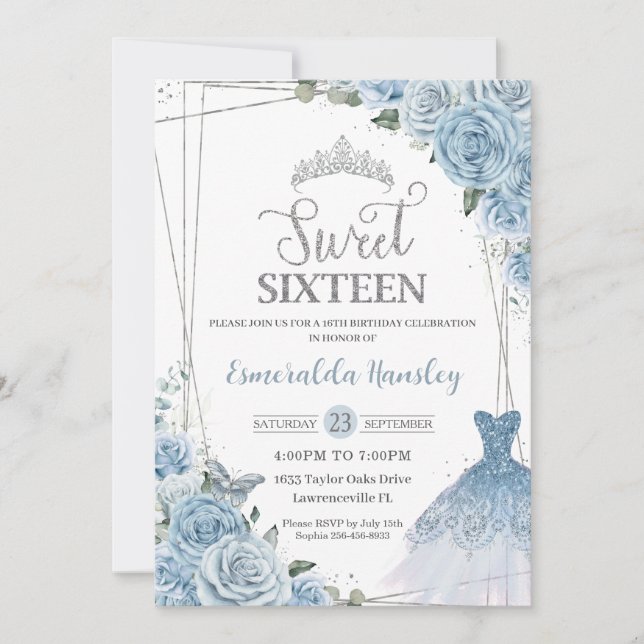 Söt 16 födelsedag Baby blue Blommigt Ro Dress Inbjudningar (Framsida)