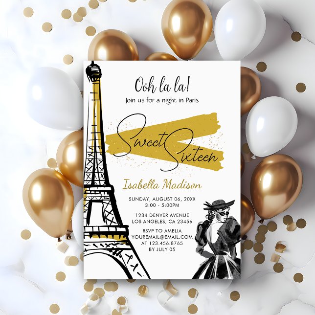 Söt 16 födelsedag Eiffel Torn Natten i Paris Guld Inbjudningar (Sweet 16 Birthday Eiffel Tower Night in Paris Gold Invitation
)