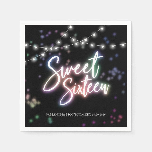 Söt 16 födelsedag Färglös Neonglöd Mörk Party Pappersservett (Framsidan)