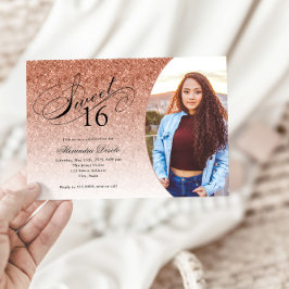 Söt 16 födelsedag Ro Guld Glitter Glam Photo Inbjudningar