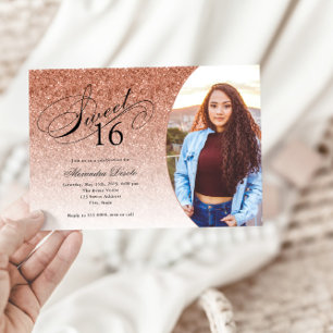 Söt 16 födelsedag Ro Guld Glitter Glam Photo Inbjudningar