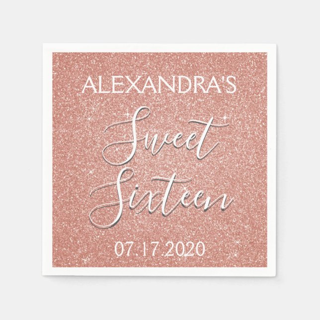 Söt 16 Födelsedag Ro Guld  Rosa Glitter Pappersservett (Framsidan)