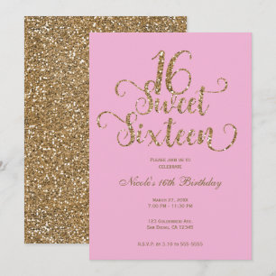 Söt 16 Födelsedag Rosa och Guld Glitter Bubbelgum Inbjudningar