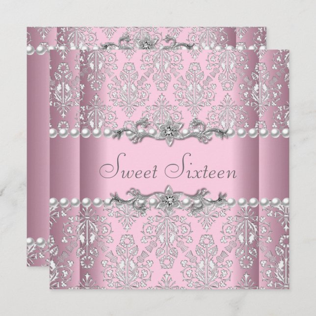 Söt 16 Födelsedag Rosa Silver White Pearl Snöre Inbjudningar (Fram/baksida)