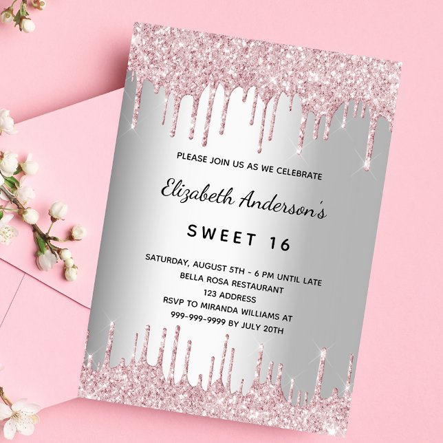 Söt 16 födelsedag silver rosa glitter droppar lyxo inbjudningar (Skapare uppladdad)