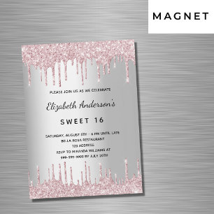 Söt 16 födelsedag silver rosa glitter droppar lyxo magnetisk inbjudningskort