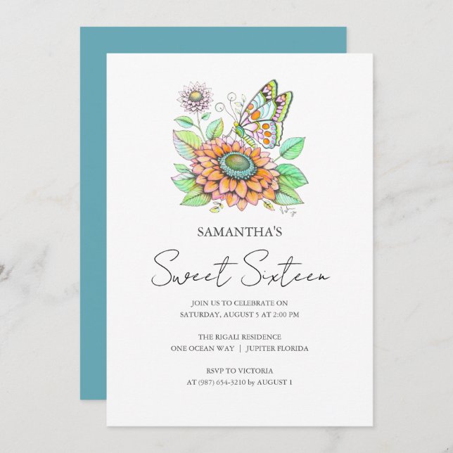 Söt 16-Födelsedagsfest-Butterfly-tema Inbjudningar (Fram/baksida)