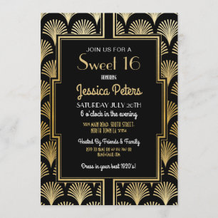 Söt 16 Födelsedagsfest Gatsby Art Deco Guld 16:e Inbjudningar