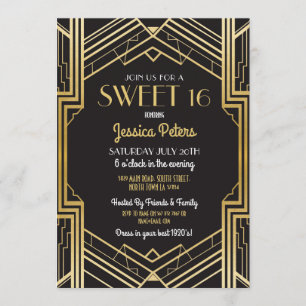 Söt 16 Födelsedagsfest Gatsby Art Deco Inbjudan
