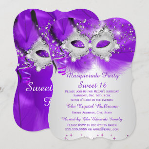 Söt 16 Födelsedagsfest Mask Lila Silver Masquerad Inbjudningar