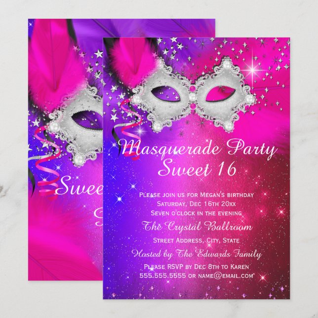 Söt 16 Födelsedagsfest Mask Rosa Lila Silver Masqu Inbjudningar (Fram/baksida)