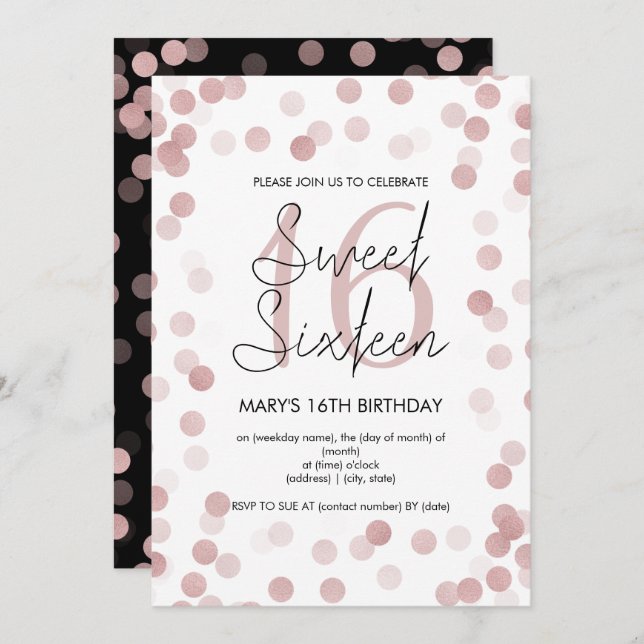 Söt 16 Födelsedagsfest Ro Guld Glam Glitter Inbjudningar (Fram/baksida)