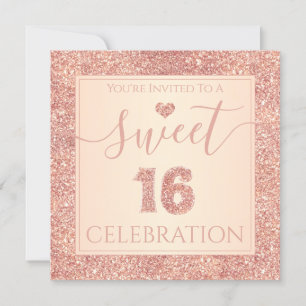 Söt 16 Födelsedagsfesten Coral Rosa Faux Glitter Inbjudningar