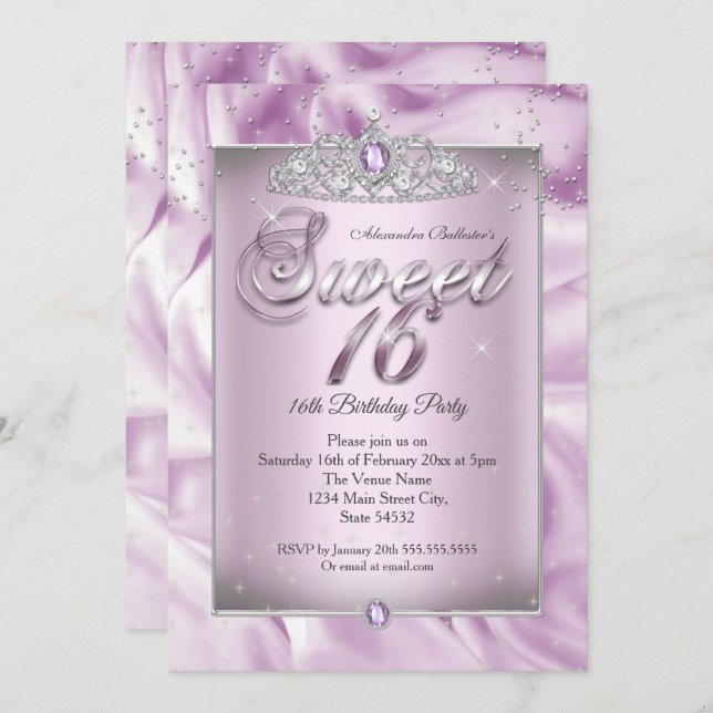 Söt 16 Födelsedagsfester Lilac Lila Diamond Tiara Inbjudningar (Fram/baksida)