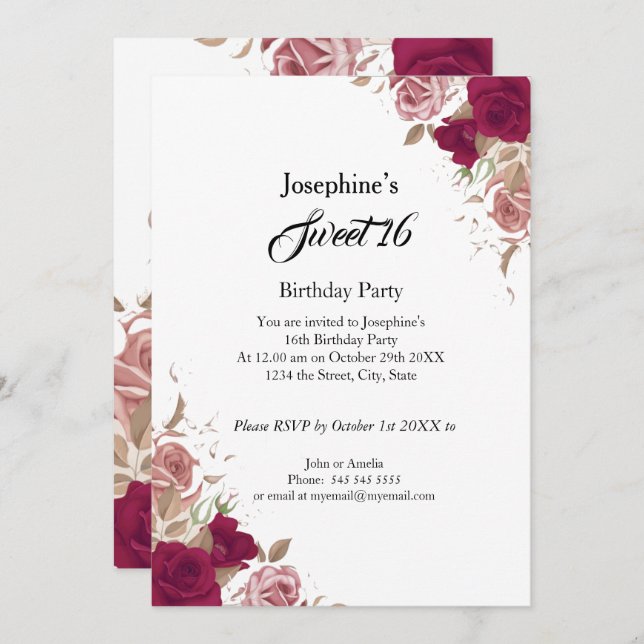 Söt 16 Födelsedagsfester Röd Rosa ros Inbjudningar (Fram/baksida)