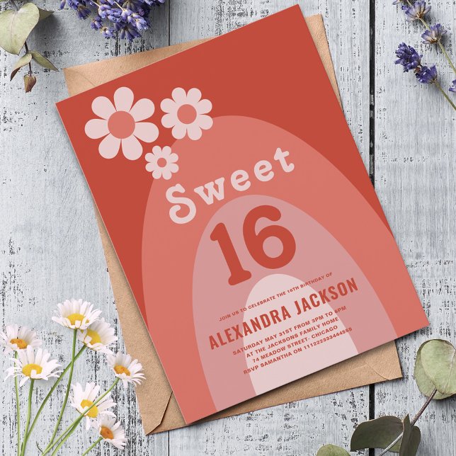 Söt 16-Födelsedagsfesters Blommigt för Groovy-Oran Inbjudan Vykort (Sweet 16 Retro arch groovy orange floral 16th birthday party budget invitation postcard )