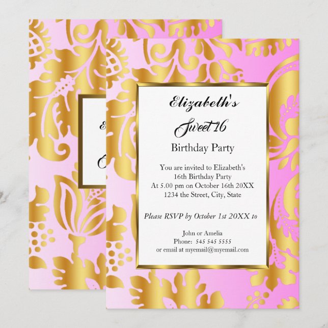 Söt 16 Födelsedagsfesters Guld rosa blommigt Inbjudningar (Fram/baksida)