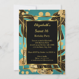 Söt 16 Födelsedagsfesters Guld Teal Black blommigt Inbjudningar