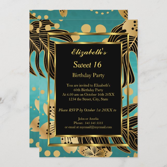 Söt 16 Födelsedagsfesters Guld Teal Black blommigt Inbjudningar (Fram/baksida)