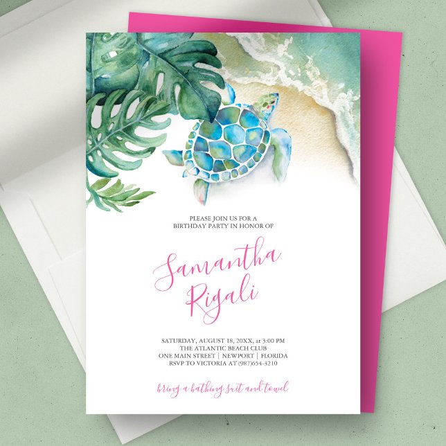 Söt 16 Födelsedagsfesters inbjudan till tropisk te (birthday party sweet 16 tropical luau sea turtle ocean waves green monstera palm leaves)