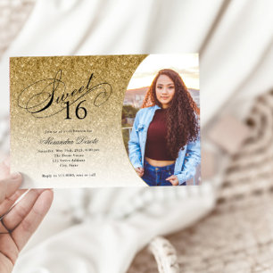 Söt 16 födelsedagsfoto Guld Glitter Glam Photo Inbjudningar