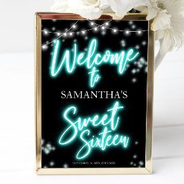 Söt 16 födelsedagsskylt Teal Neon Glow Välkomstsky Poster