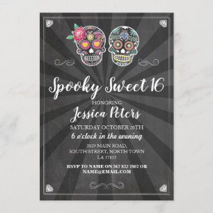 Söt 16 födelsedagssocker Skull Halloween Inbjudan