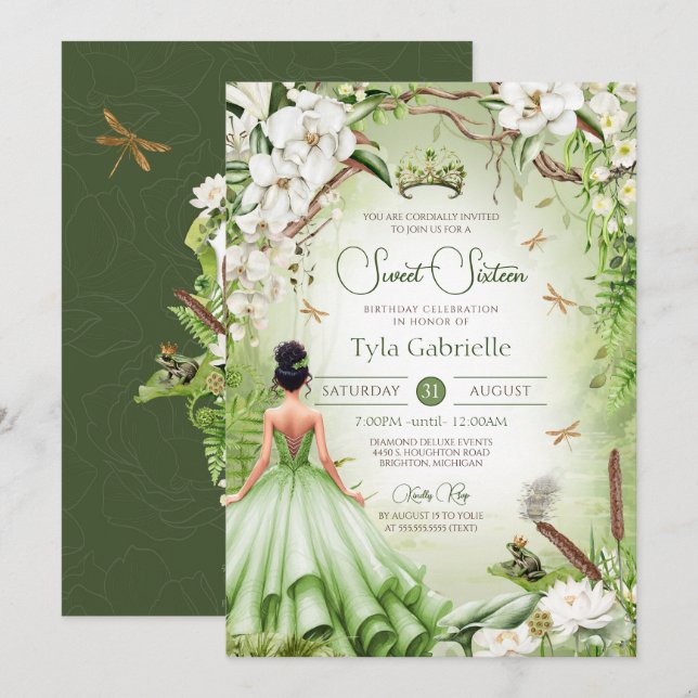 Söt 16 Frog Prince Fairytale Princess Inbjudningar (Fram/baksida)