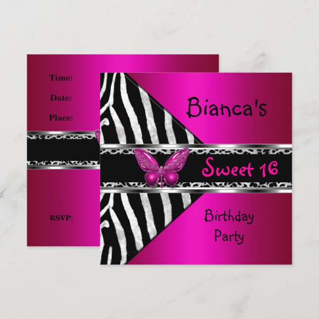 Söt 16 Fushia Rosa Silver Svart Zebra Leopard Inbjudningar (Fram/baksida)