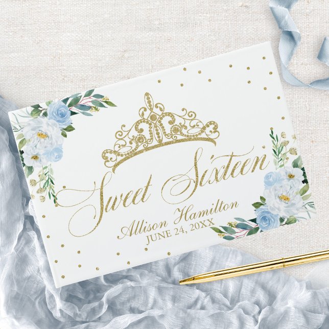 Söt 16 Gästbok Guld Tiara Babyblå Blommig (Skapare uppladdad)