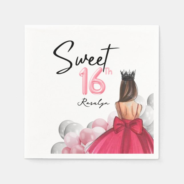 Söt 16 Glam Rosa White Balloons Pappersservett (Framsidan)
