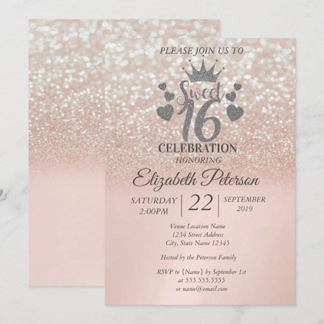 Söt 16 Glitter Bokeh Ombre, Glitter Tiara Inbjudningar (Fram/baksida)