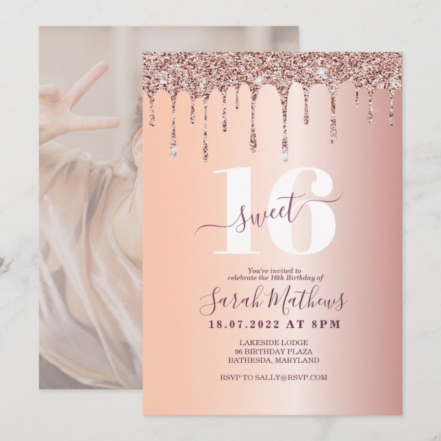 Söt 16 Glitter Drips Rose Gold Födelsedag   Inbjudningar (Fram/baksida)