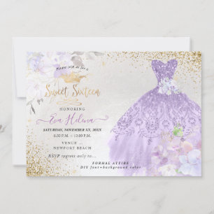 Söt 16 Glitter Gown Dusty Lila Lilac Guld Inbjudningar