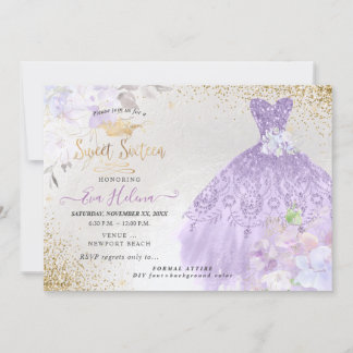 Söt 16 Glitter Gown Dusty Lila Lilac Guld Inbjudningar