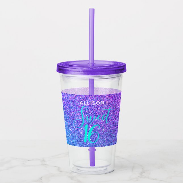 Söt 16 Glitter Lila Teal Personlig Take Away Mugg (Framsida)