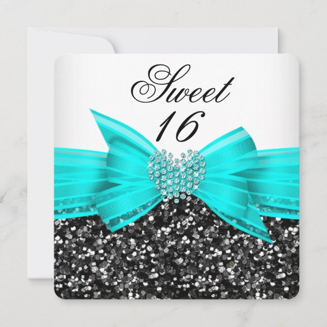 Söt 16 Glitter Teal Bow Black White Inbjudningar (Framsida)