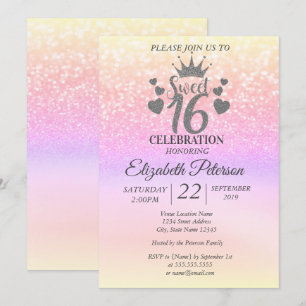 Söt 16 glittrande färgrik bokeh ombre, tiara inbjudningar