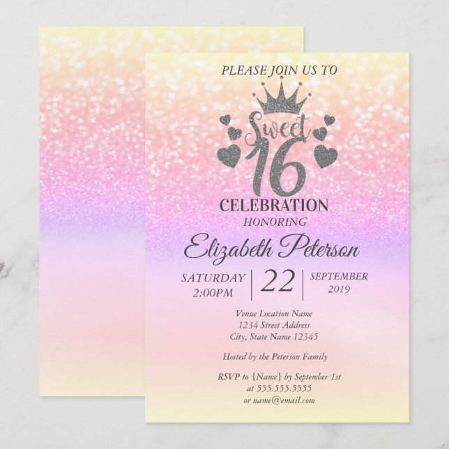 Söt 16 glittrande färgrik bokeh ombre, tiara inbjudningar (Fram/baksida)