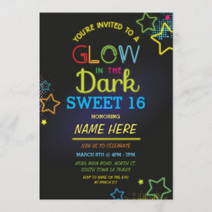 Söt 16 glöd i Mörkens födelsedag Neon Party Inbjudningar