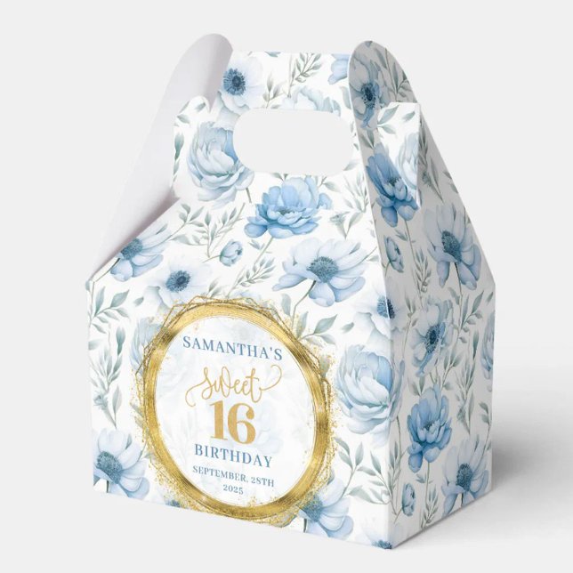 Söt 16-Gnistra för favoritruta Pastel Blue Boho-Bl Presentaskar (Sweet 16 Favor Box Pastel Blue Boho Floral Sparkle)