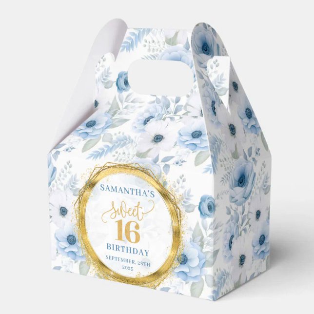 Söt 16-Gnistran för Favoritruta, blå pastel Blommi Presentaskar (Sweet 16 Favor Box Blue Pastel Floral Gold Sparkle)