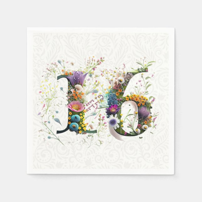 Söt 16 Grattis på födelsedagen Wildblommor Text Pappersservett (Framsidan)