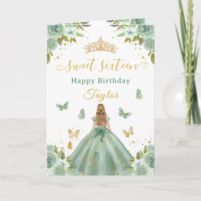 Söt 16 Grön Prinsessa Blond Tjej Kort (Framsida)