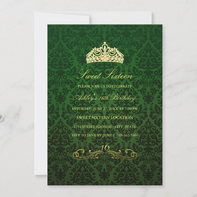 Söt 16 | Grön Tiara & Damask-inbjudan Inbjudningar (Framsida)
