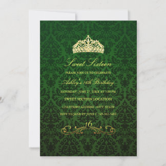 Söt 16 | Grön Tiara & Damask-inbjudan Inbjudningar