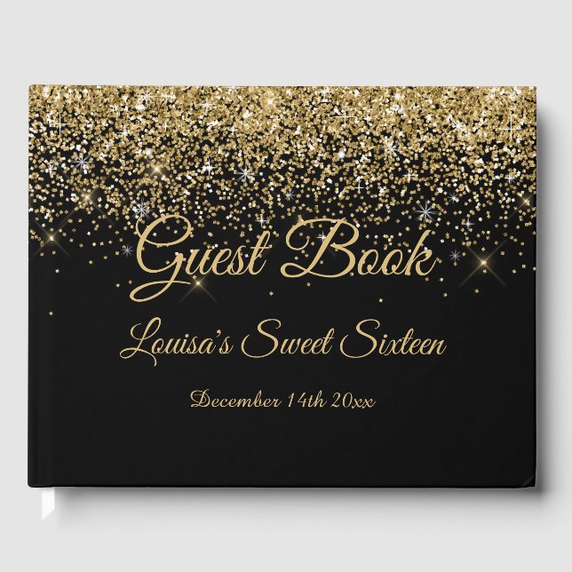 Söt 16 Guest Bok Elegant Black & Guld Glitter (Framsida)